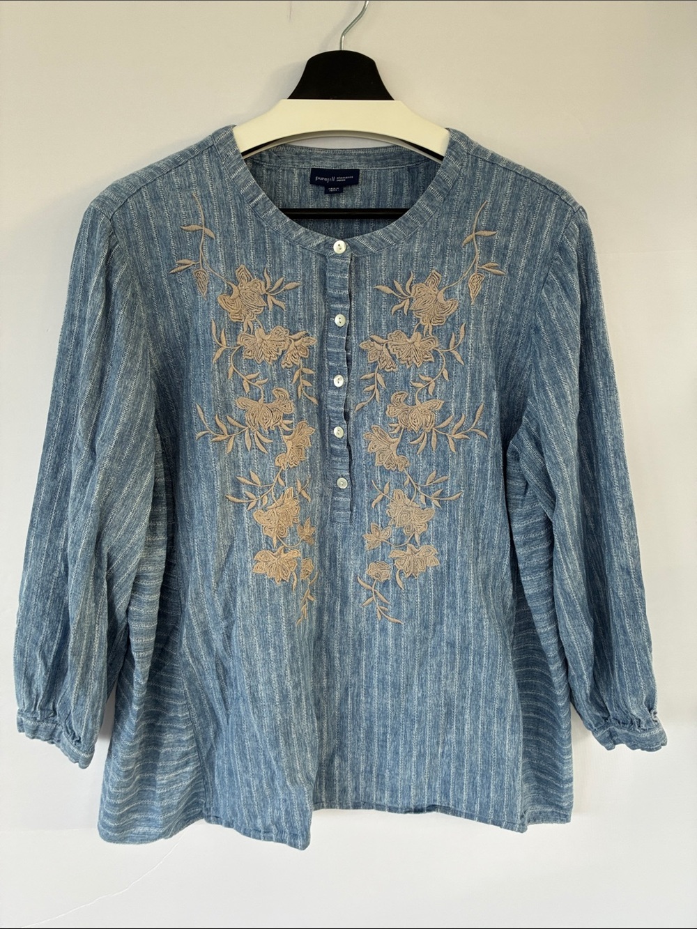 J.Jill Pure Jill Indigo Embroidered Boho Striped Tunic Blouse Top XL Petite
